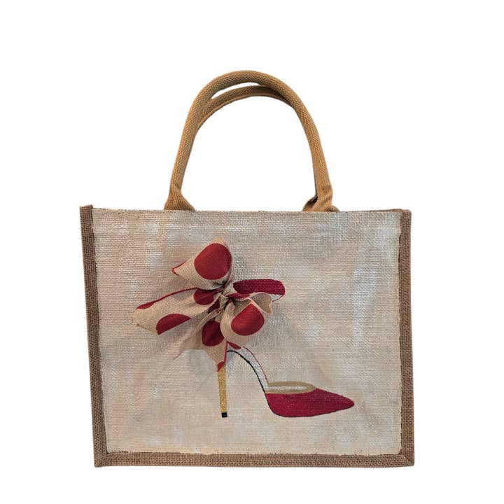 Hand-Painted Stiletto Tote - Red & Tan Polka Dots for wholesale by Dana's Uncommon Glass