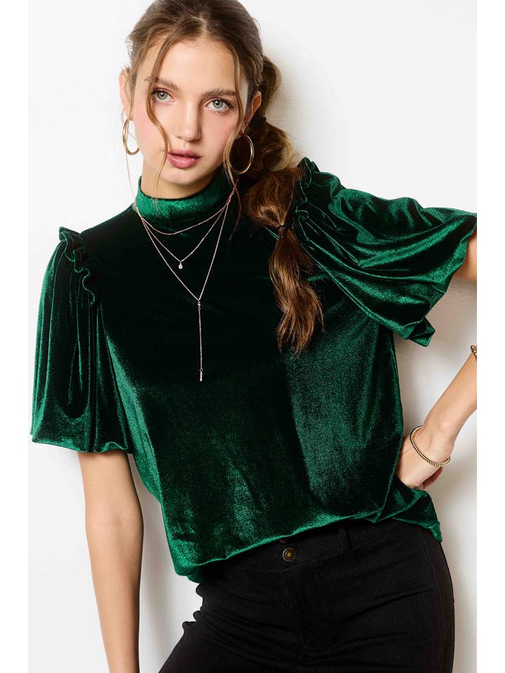La Miel - Wholesale Blouse - Women's - HCT7681-Velvety Puff Fall Winter Short Sleeve Top