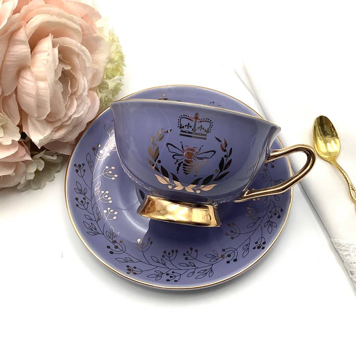 All Little Cute Things - Wholesale Tea Set - Bridgerton Golden Bee Lavender with Gold Teacup and Saucer