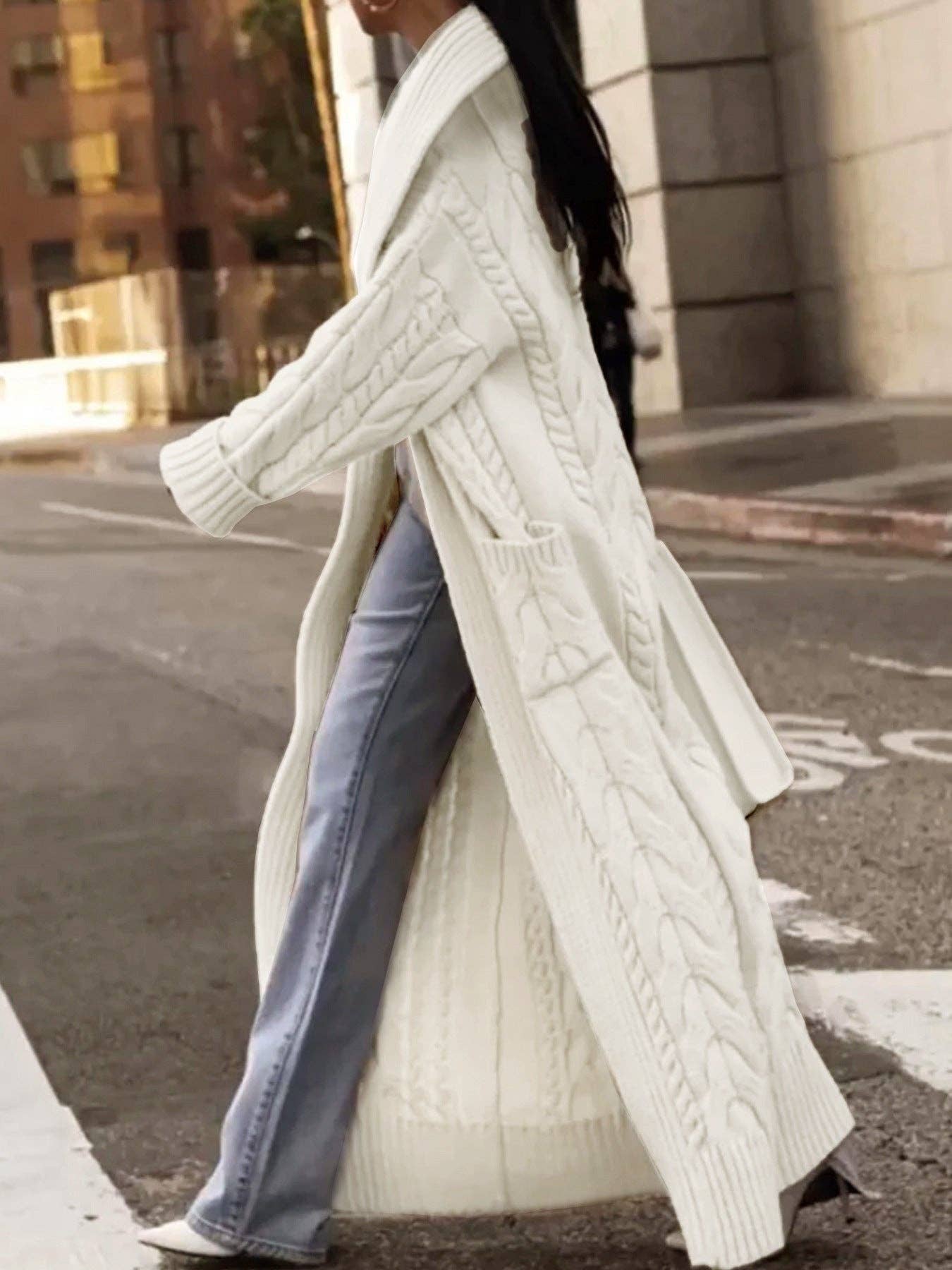 alberalkirk - Wholesale Cardigan - Dames - Chunky Kabelgebreide Lange Vestjas N5A0351