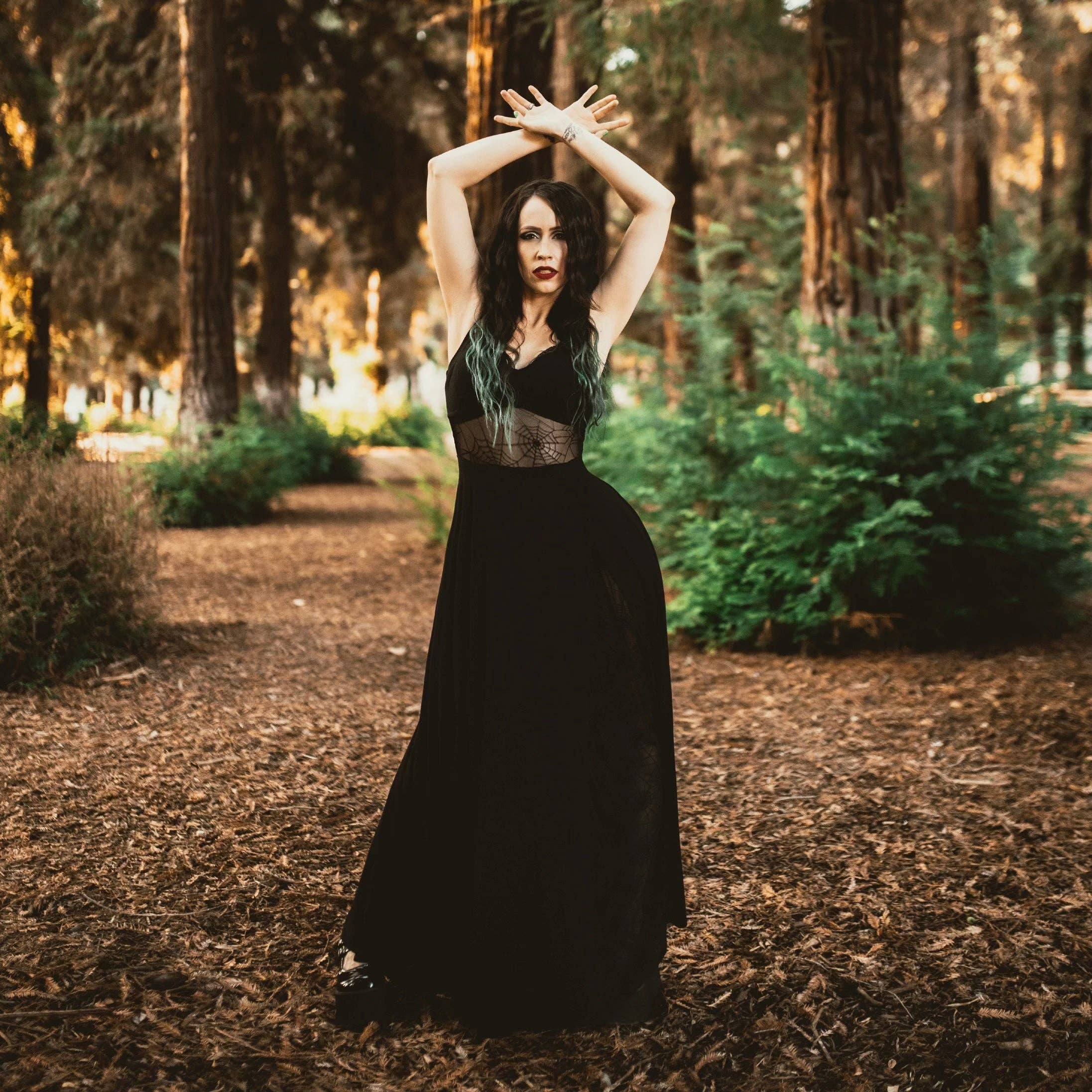 Weasel Wear - Wholesale Dress - Women's - Arachnophobia Maxi Dress - Black Rayon Jersey Maxi with Spiderweb Mesh Panels (Dark Web Edition)1