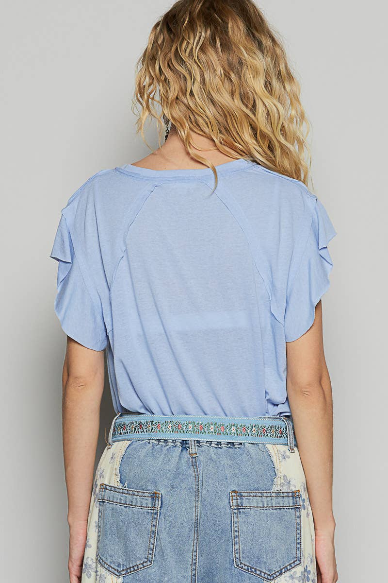 Pol Clothing - Wholesale T-Shirt - Women's - V-neck ruffle short sleeve solid basic cotton top22