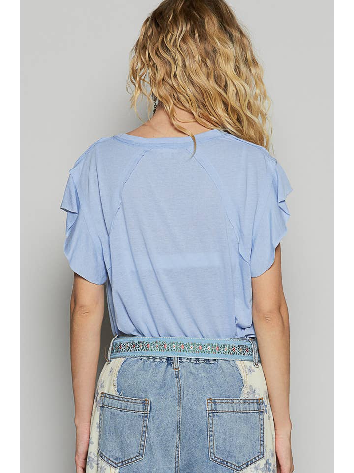 Pol Clothing - Wholesale T-Shirt - Women's - V-neck ruffle short sleeve solid basic cotton top22