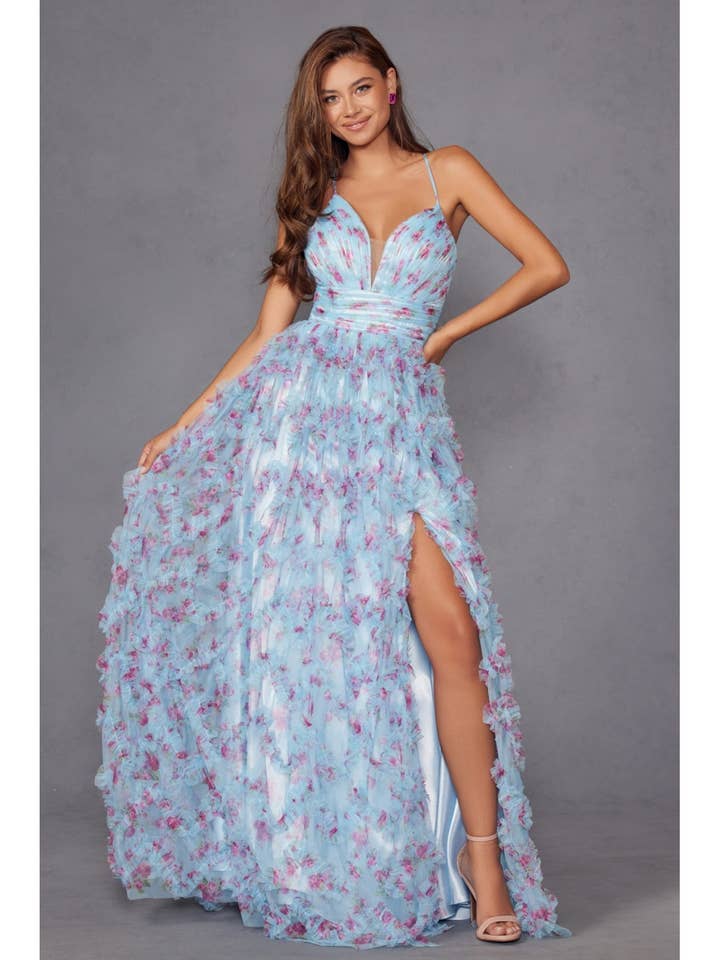 JT2572U THIS DRESS FEATURES A FITTED CORSET WITH A V-NECKLIN for wholesale by Juliet