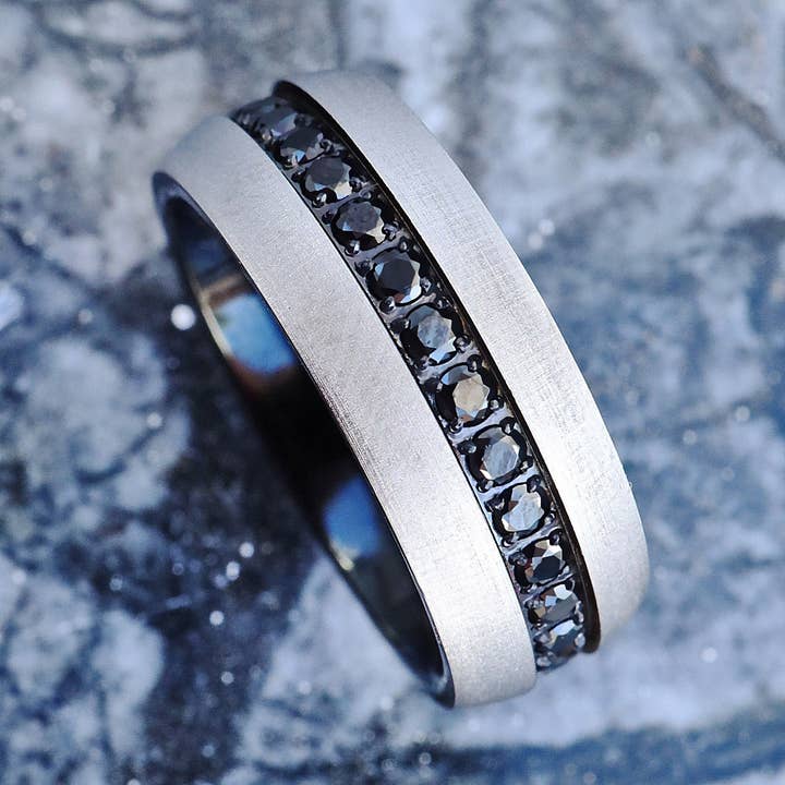 Svart diamant matt silver volfram vigselring 8 mm för wholesale av Veil