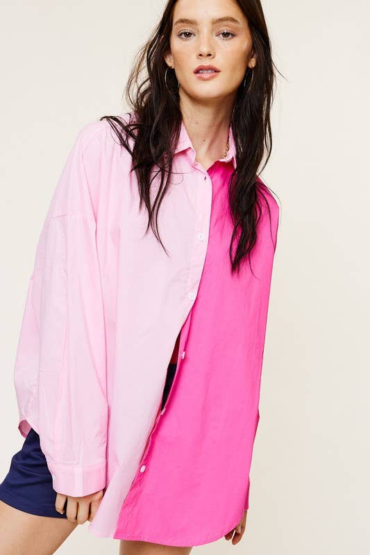 Mimosa - Wholesale Button Down Shirt - Women's - Color-Block Oversized Button Down Shirt3