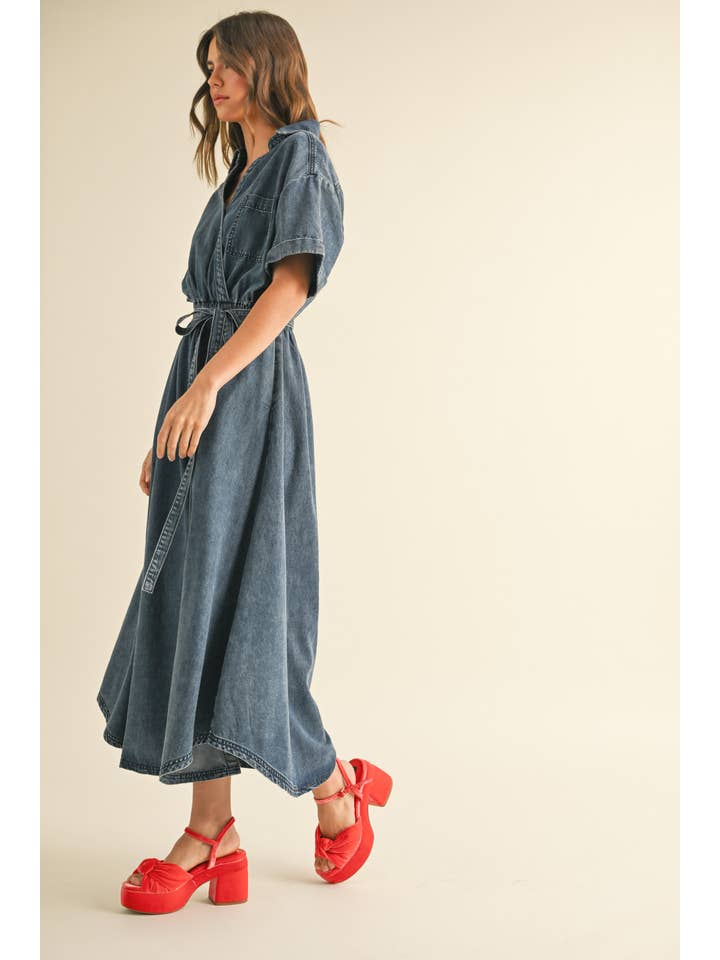 D4779 ASYMMETRIC BUTTON DETAIL DENIM SHIRT DRESS for wholesale on Faire