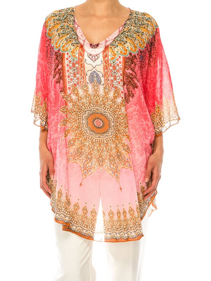 GRACE Pink Multi Print Chiffon Poncho Top for wholesale by New Yorker's Apparel