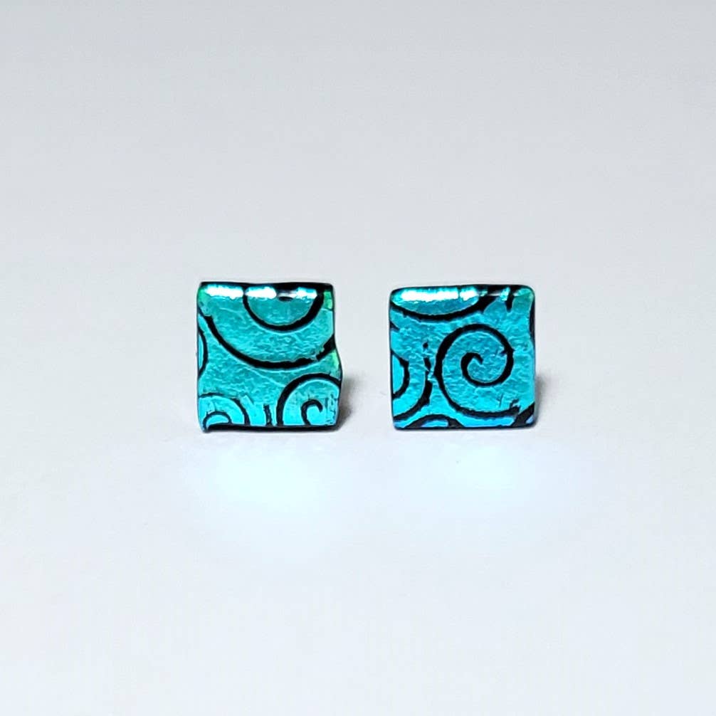 Eclectic Woodchuck - Wholesale Stud/Post Earrings - Turquoise Blue Dichroic Glass Square Stud Earrings