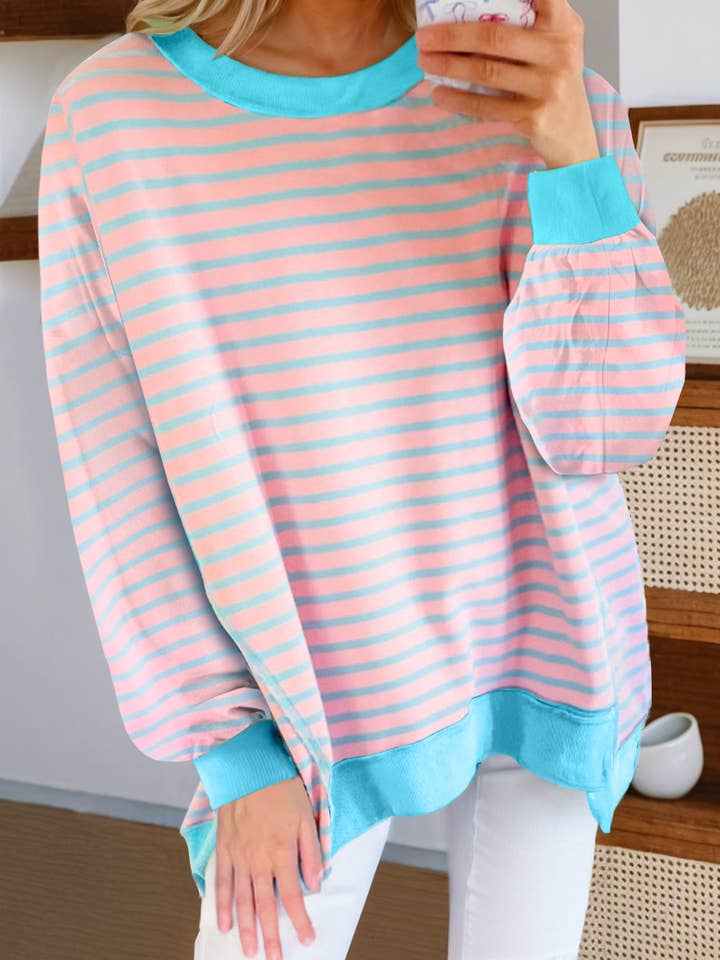 Pink Stripe Contrast Trim High Low Pullover Tunic Sweatshirt for wholesale by Azzurro