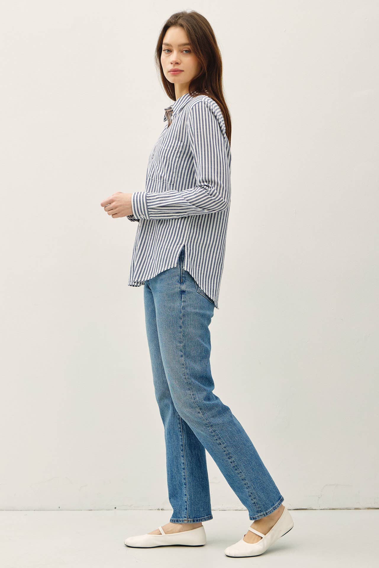 DENIM STRIPED LONG SLEEVE COLLARED BUTTON UP SHIRTS for wholesale on Faire4