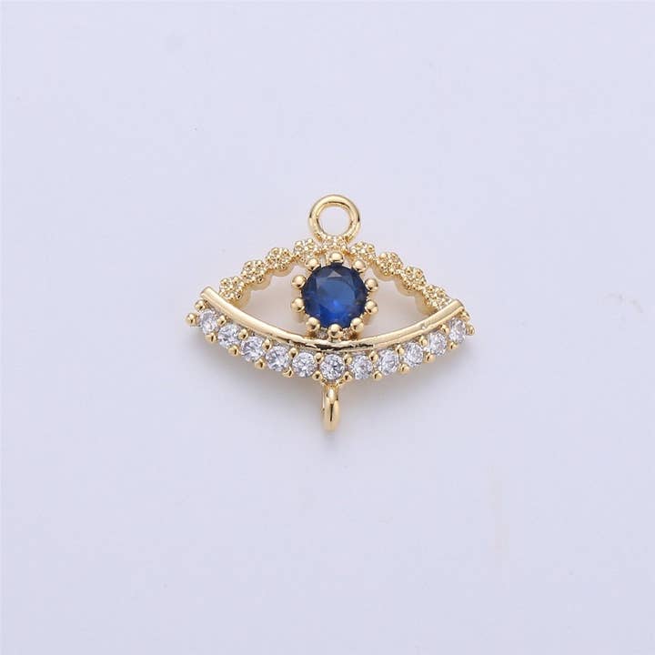 Micro Pave Evil Eye Connector 12x14mm, 2 open loops (1.5mm), Nickel free, 16K gold Filled Cubic zirconia, Evil eye charm F-302 for wholesale by Aim Eternal