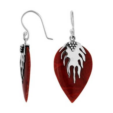 AE-6237-CR Sterling Silver Red Coral Leaf Earrings With Sculpted Finish for wholesale by Bali Designs