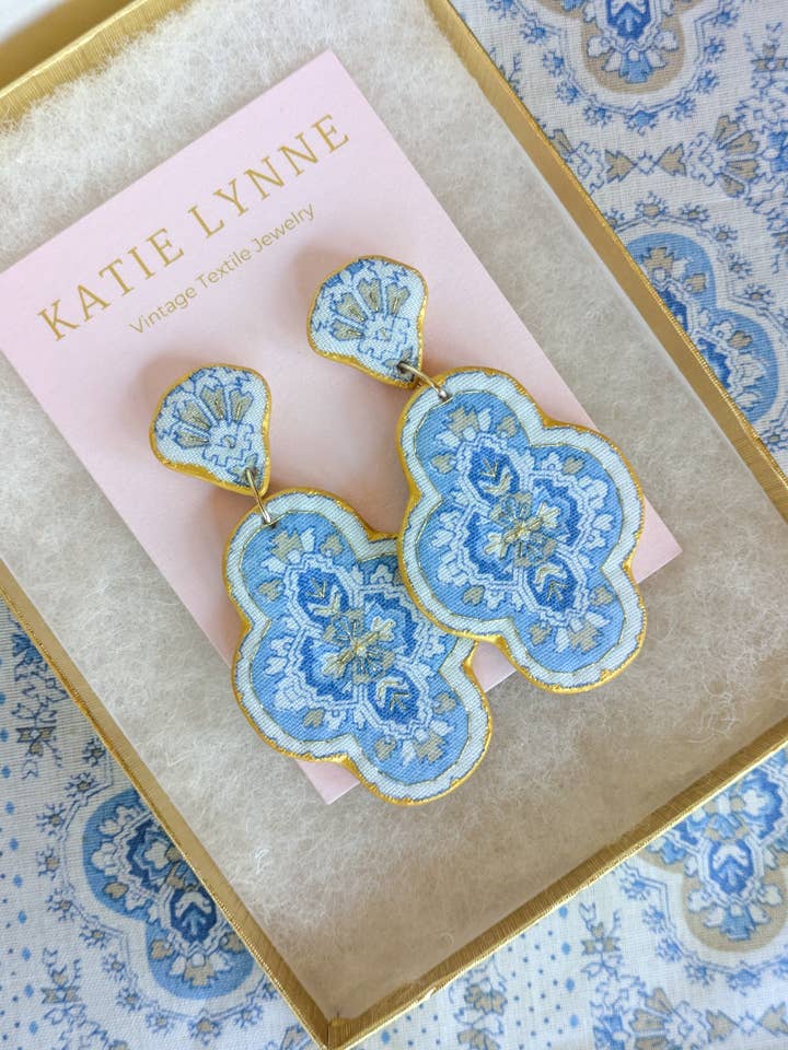 Henrietta Statement Earring - Light Blue for wholesale by Katie Lynne - Vintage Textile Jewelry