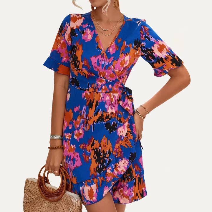 The Moment Collection - Wholesale Dress - Women's - Flirtly Print Surplice Neck Short Sleeve Wrap Mini Dress