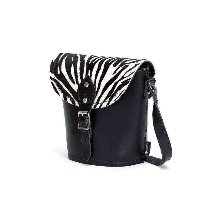 Zatchels - Wholesale Crossbody Bag - Women's - Handmade Leather Barrel Bag Small - Zebra1