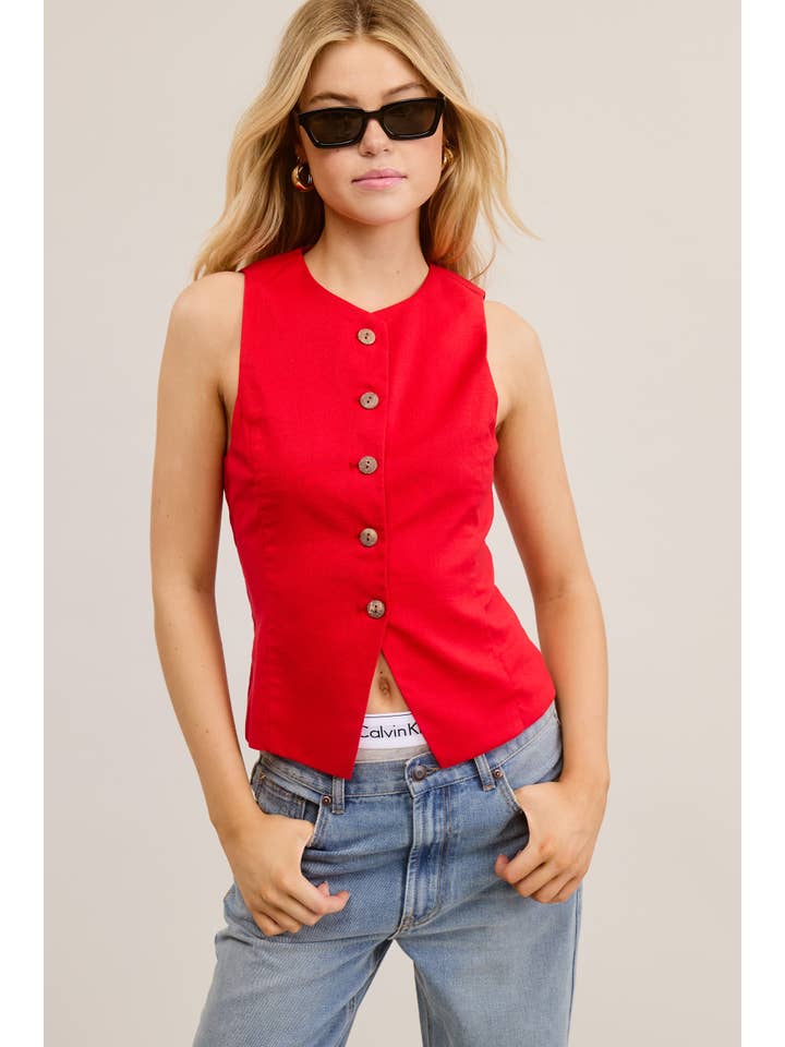 Mimosa - Wholesale Outerwear Vest - Women's - Button Down Sleeveless Round Neck Waistcoat Vest