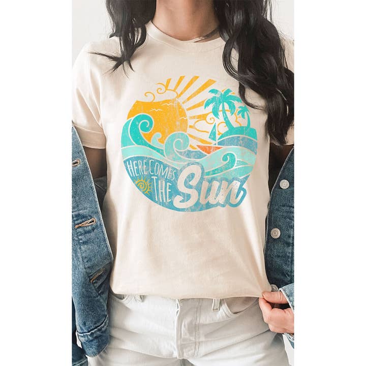 Kissed Apparel - Wholesale Screen Printed T-Shirt - Women's - Vintage Here Comes the Sun Beach Graphic Tee
