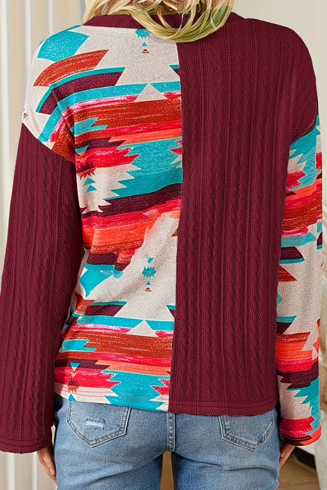 UNISHE – wholesale Knit top – Women's – Aztec Splicing Long Sleeves V Neck Western Knitting Top ZK108311