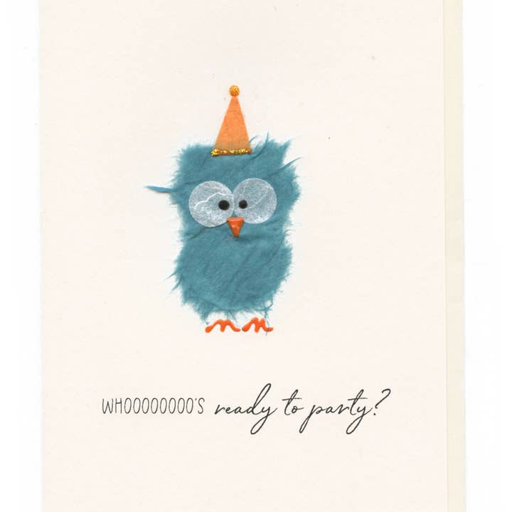 FLAUNT HANDMADE CORRESPONDENCES - Vente Cartes d'anniversaire - « Qui est prêt à faire la fête ? » Chapeau de fête en forme de hibou