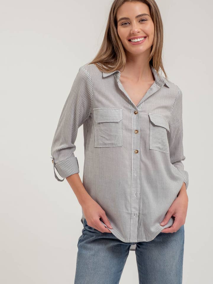 Blu Pepper - Wholesale Blouse - Women's - STRIPED COLLARED BUTTON DOWN WITH POCKETS
