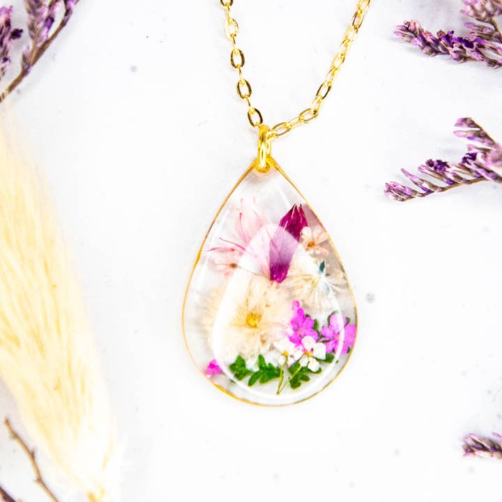 Bree bouquet necklace with real dried flowers cast in resin for wholesale by Allie and Posie