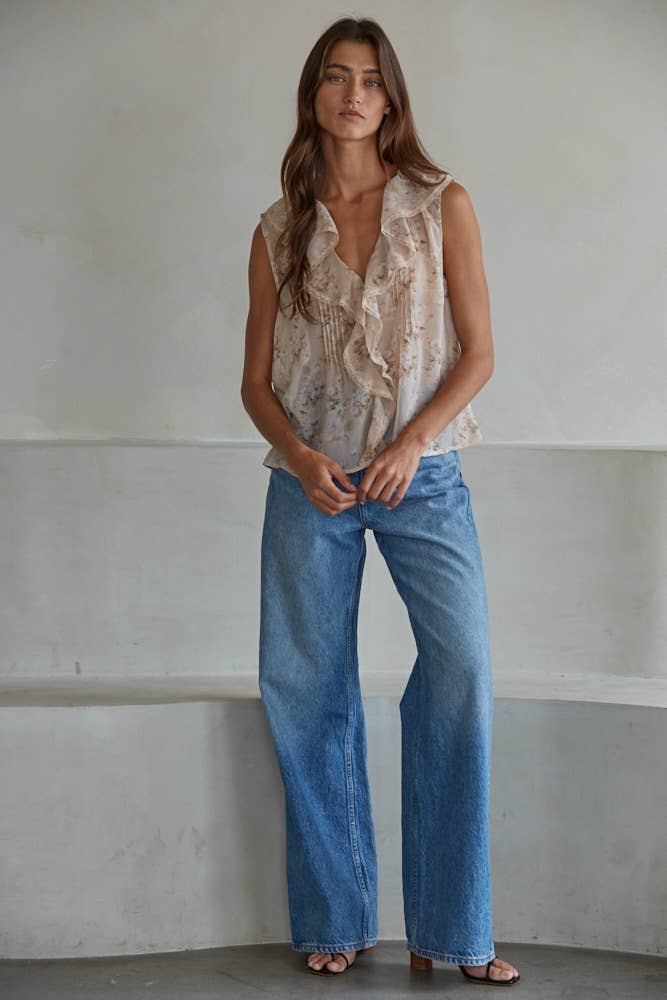 Taupe Multi L9385T1 | Woven Polyester Floral Print V-Neck Sleeveless Top for wholesale on Faire1