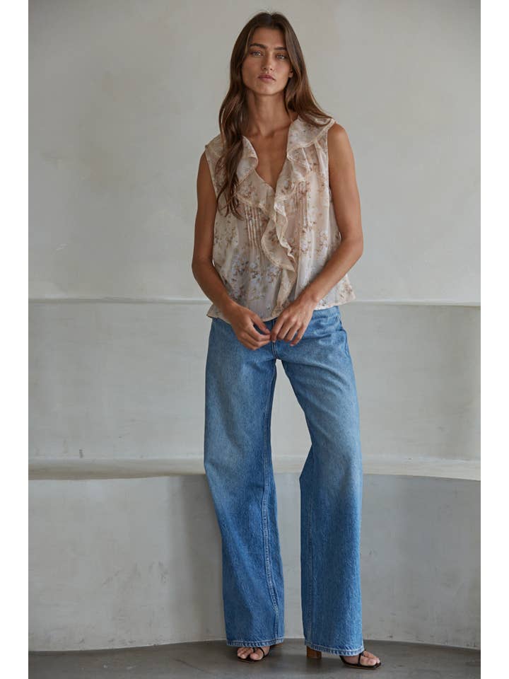 Taupe Multi L9385T1 | Woven Polyester Floral Print V-Neck Sleeveless Top for wholesale on Faire1