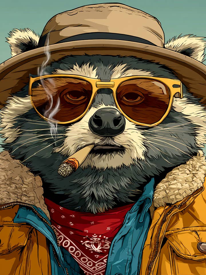 Procione Fumato con una Canna Animali Antropomorfi Opera d'Arte 8"x10" per Cornice 11"x14" per la vendita all'ingrosso da parte di Mowbi