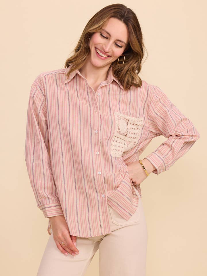 KY CREATION PARIS - Wholesale Button Down Shirt - Women's - Striped shirt with embroidered pocket5