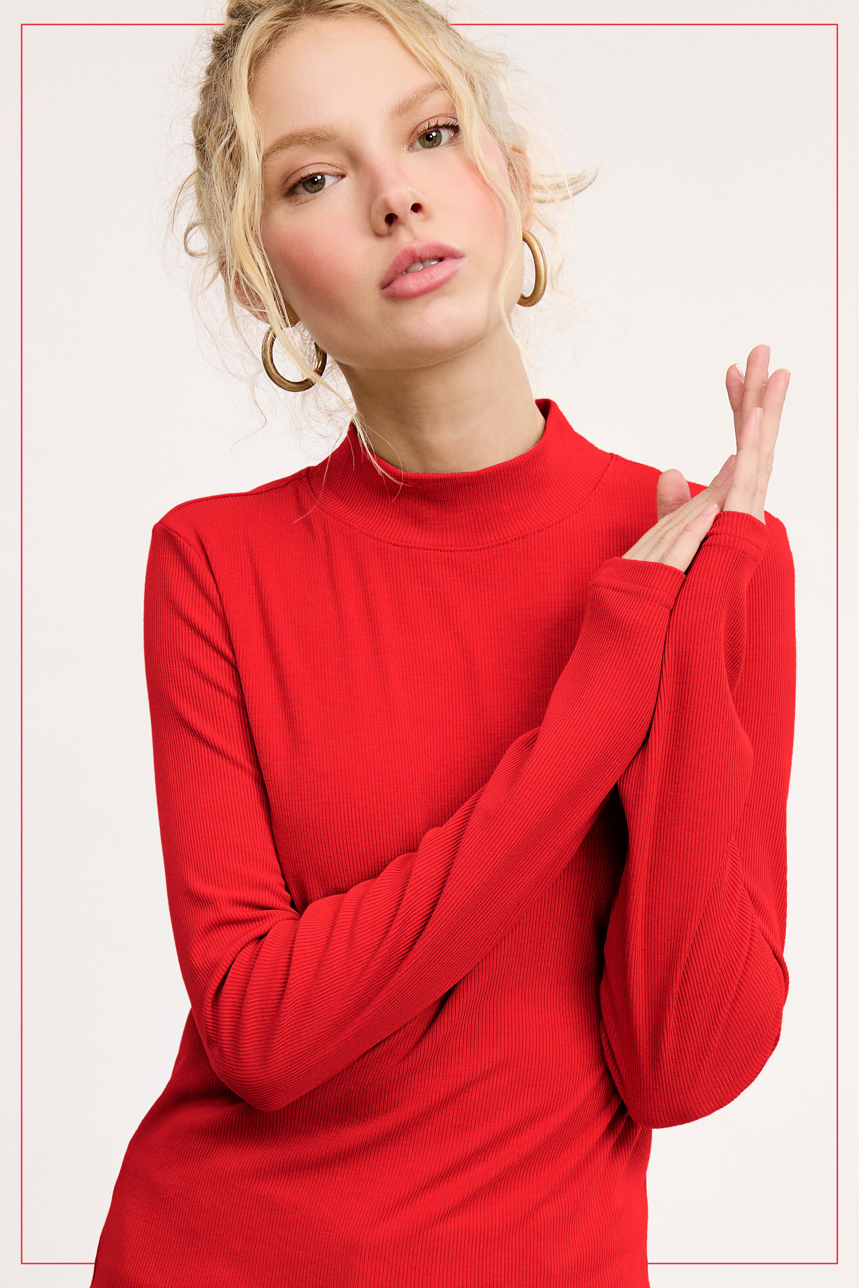 La Miel - Wholesale Gebreide top - Dames - MCT7699-Elastische geribbelde basistop met lange mouwen en ronde hals8