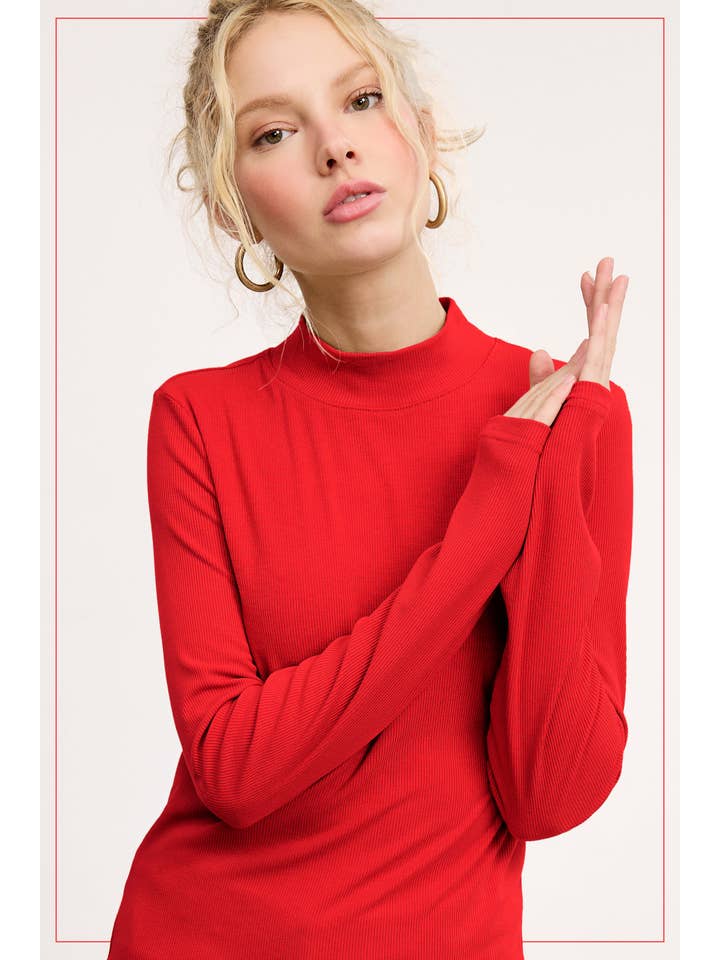 La Miel - Wholesale Knit Top - Women's - MCT7699-Stretchy Ribbed Long Sleeve Mock Neck Basic Top8