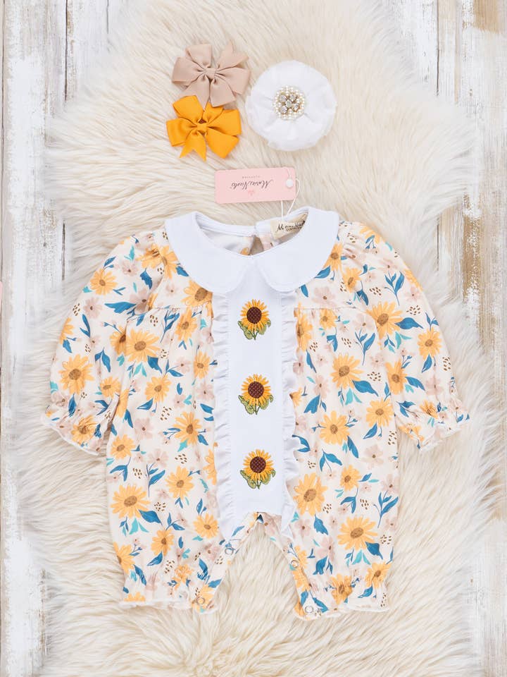 Marie Nicole Clothing - Wholesale Jumpsuit - Baby - Sunflower Garden Embroidered Ruffle Romper