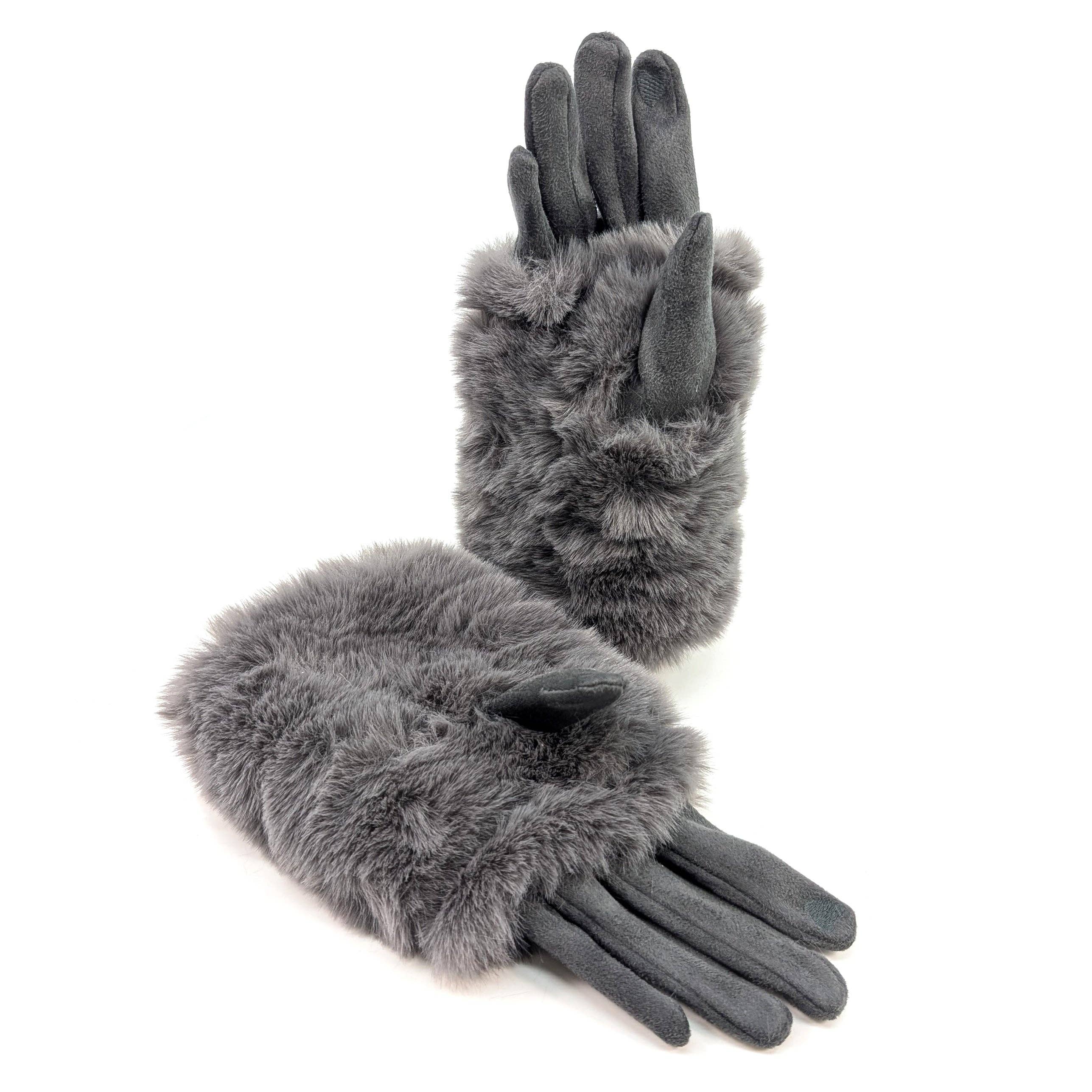 Black Ginger – wholesale Gloves – Women's – Super Fluffy Faux Fur Two in One Gloves - Dark Grey4