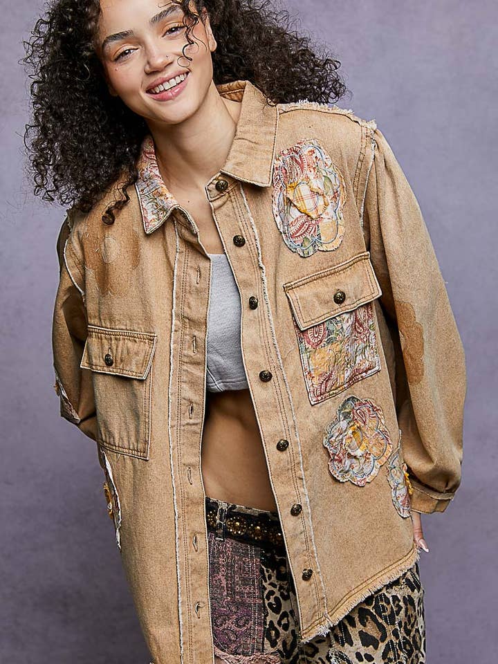 Balloon sleeve floral patch detail denim jacket for wholesale by Pol Clothing