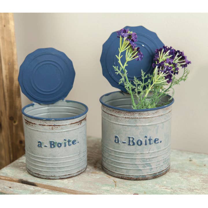 Metal Blue Can Decor Asst S/2 for wholesale by Manual Woodworkers and Weavers, Inc.