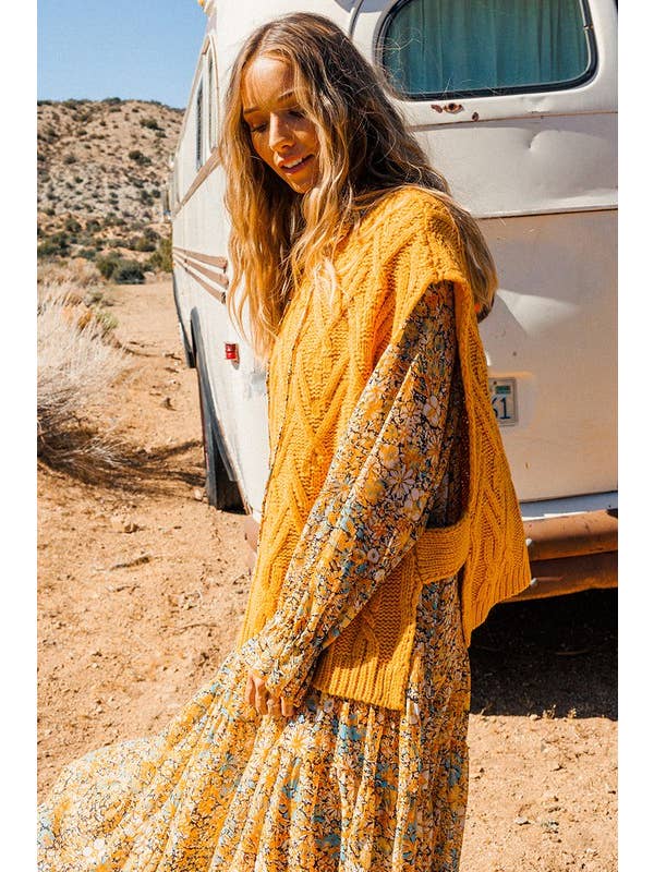 MOUTARDE GILET EN TRICOT TORSADÉ MOUTARDE TIS12282 en vente sur Faire