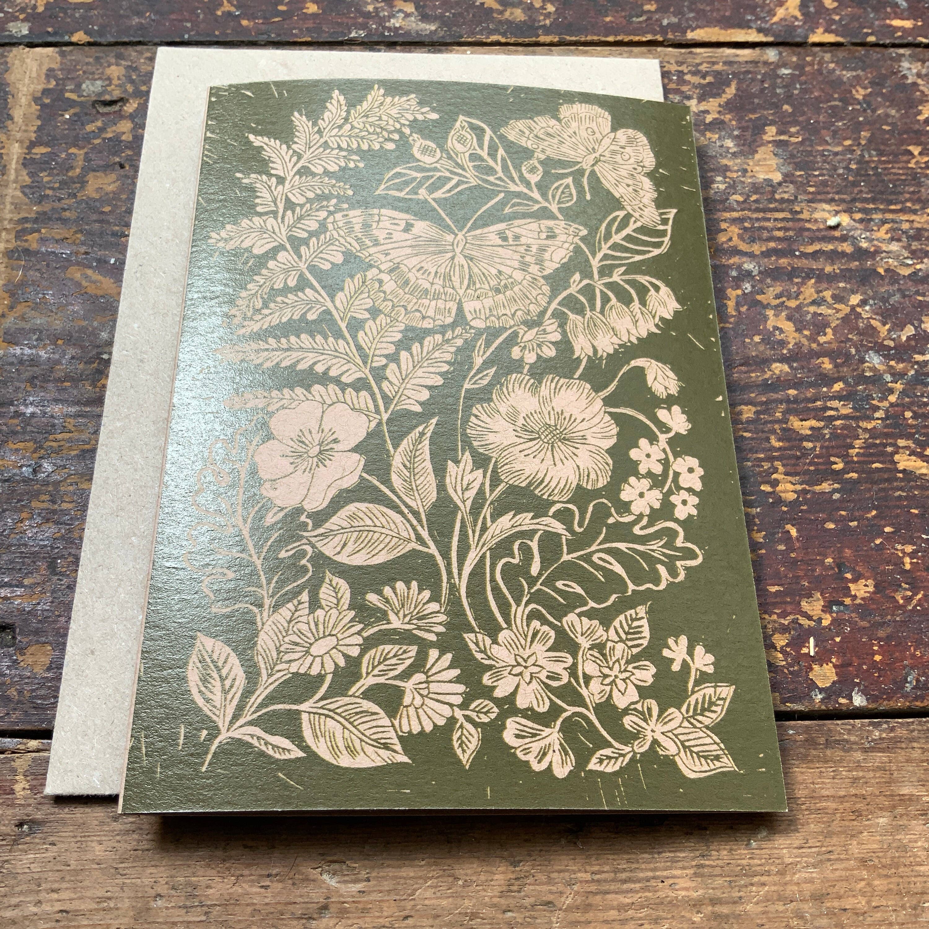 Vivienne Keable - Wholesale Everyday Greeting Card - Linocut Print Card 'Fern, Butterfly and Wild Flower'4