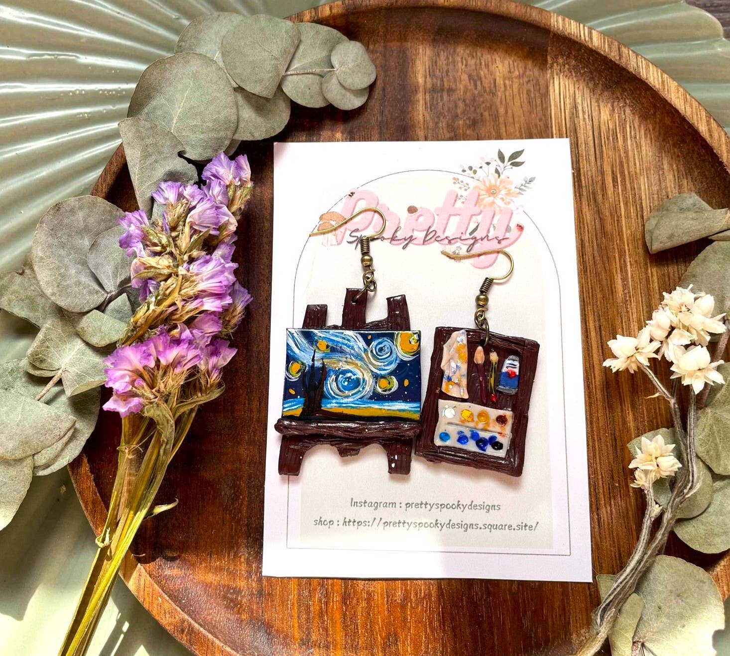PrettySpookyDesigns - Vente Boucles d'oreilles pendantes - Boucles d'oreilles en pâte polymère - Nuit étoilée | Van Gogh Jewellery2