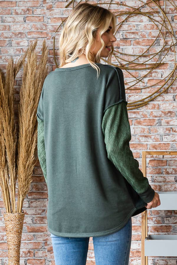 7th Ray - Vente Haut en maille – femme - Haut à manches longues en mélange de coton avec contraste en dentelle et boutons devant T525319