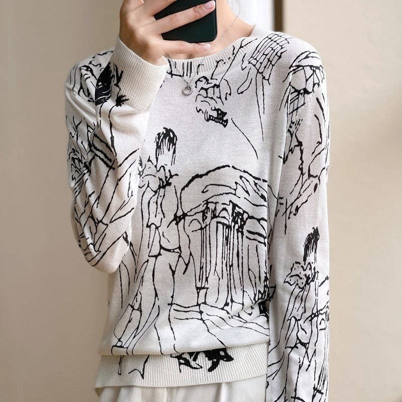 BLANC Pull fin à col rond et imprimé graffiti, coupe ample en vente sur Faire1