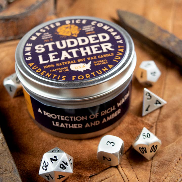 Game Master Dice - Wholesale Travel Candles - Studded Leather Gaming Candle