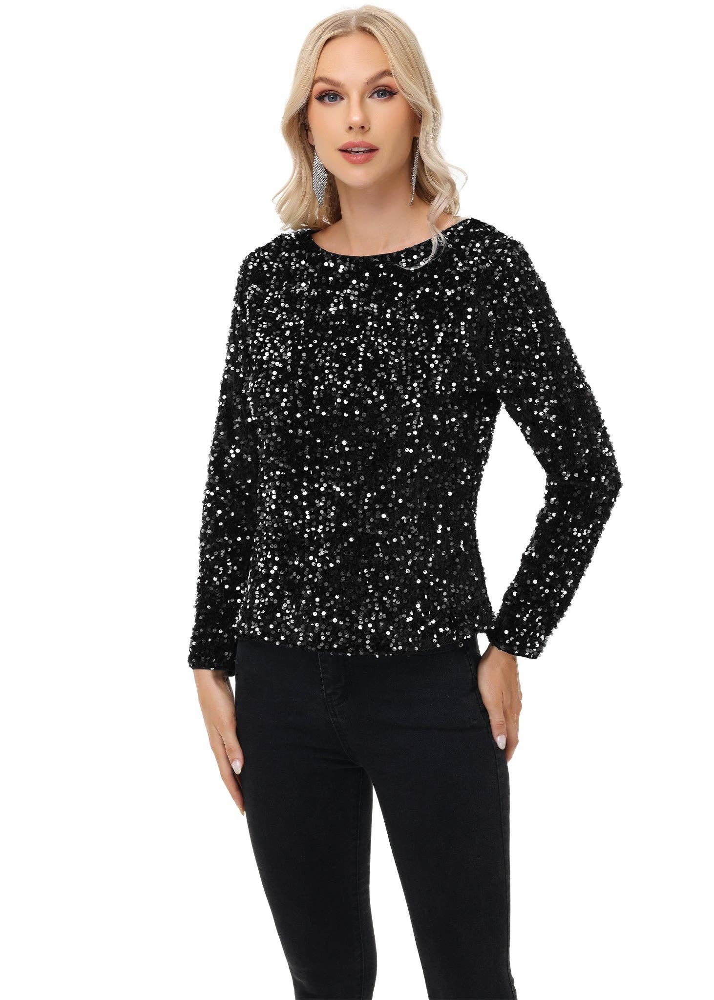 Anna Kaci Wholesale - Wholesale Blouse - Women's - Long Sleeve Sequin Tops Sparkly Glitter Evening Party11