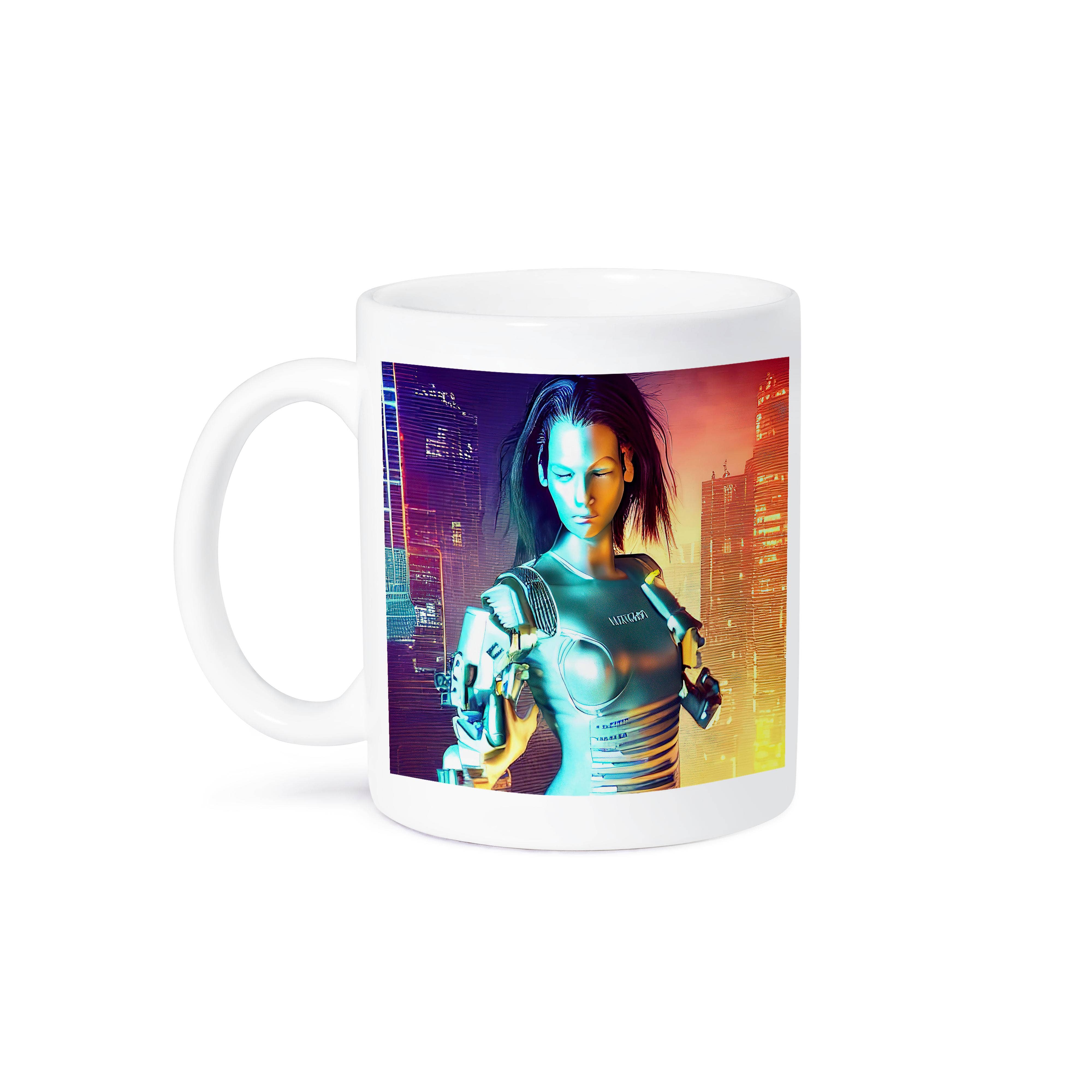 3dRose - Wholesale Coffee Mug - 3dRose, Fantastic brunette woman cyborg in a green suit. Night illumination, Mug8