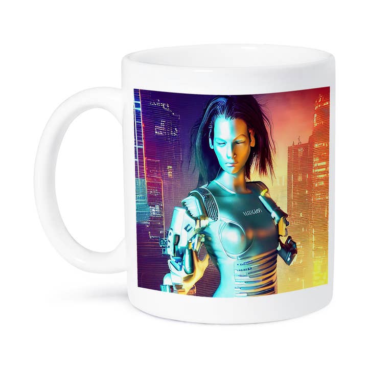 3dRose - Wholesale Coffee Mug - 3dRose, Fantastic brunette woman cyborg in a green suit. Night illumination, Mug8
