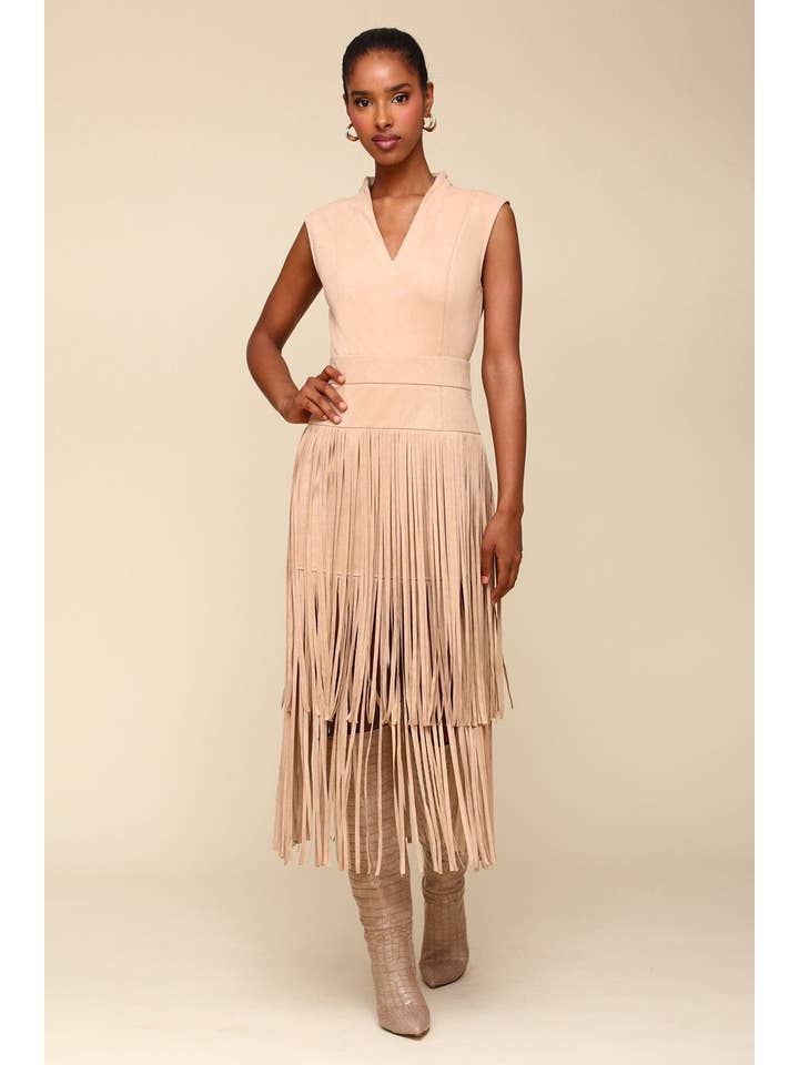 Biscuit Faux Suede Tiered Fringe Midi Dress for wholesale on Faire