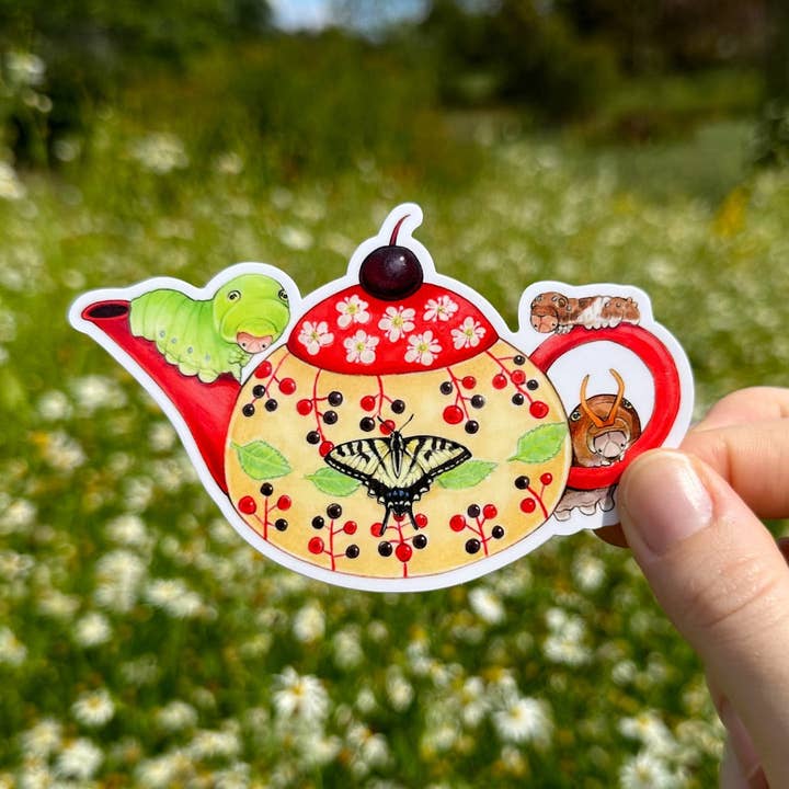 Eastern Tiger Swallowtail Caterpillars with Cherry Teapot Weatherproof Vinyl Sticker for wholesale by Allison Stoiser Art