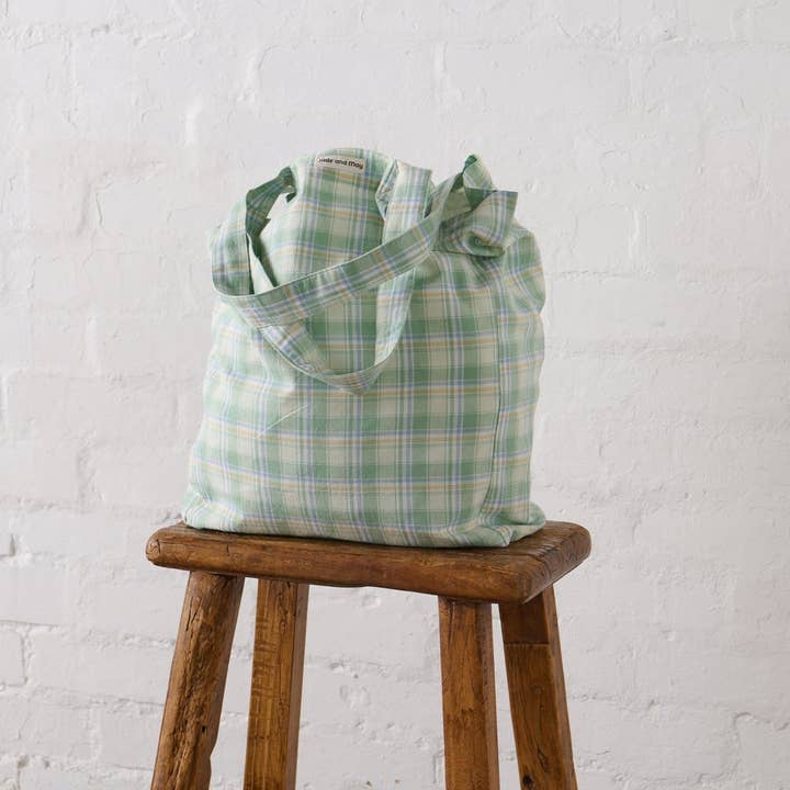 Tote Bag in Honeydew Melon Check for wholesale by JADE AND MAY