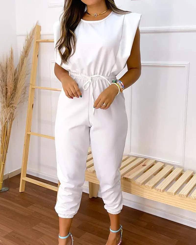 WHITE sleeveless drawstring waist casual jumpsuit for wholesale on Faire