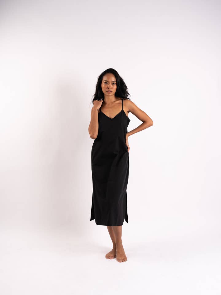 Donnah - Wholesale Dress – Women's - Sienna Slip Dress In Black With Adjustable Straps and Side Slits2